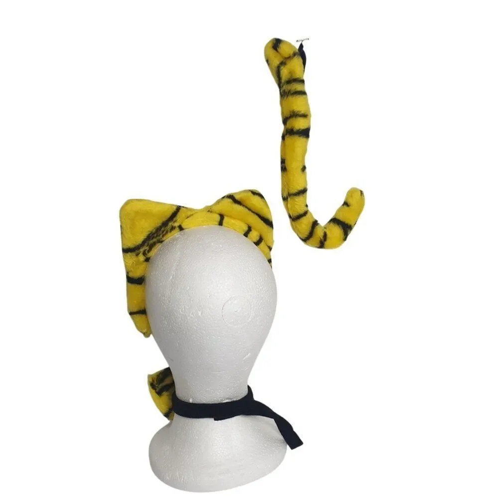 Tiger Costume Set Headband Bow Tie Tail Yellow Blk Stripes Furry Plush Accessory